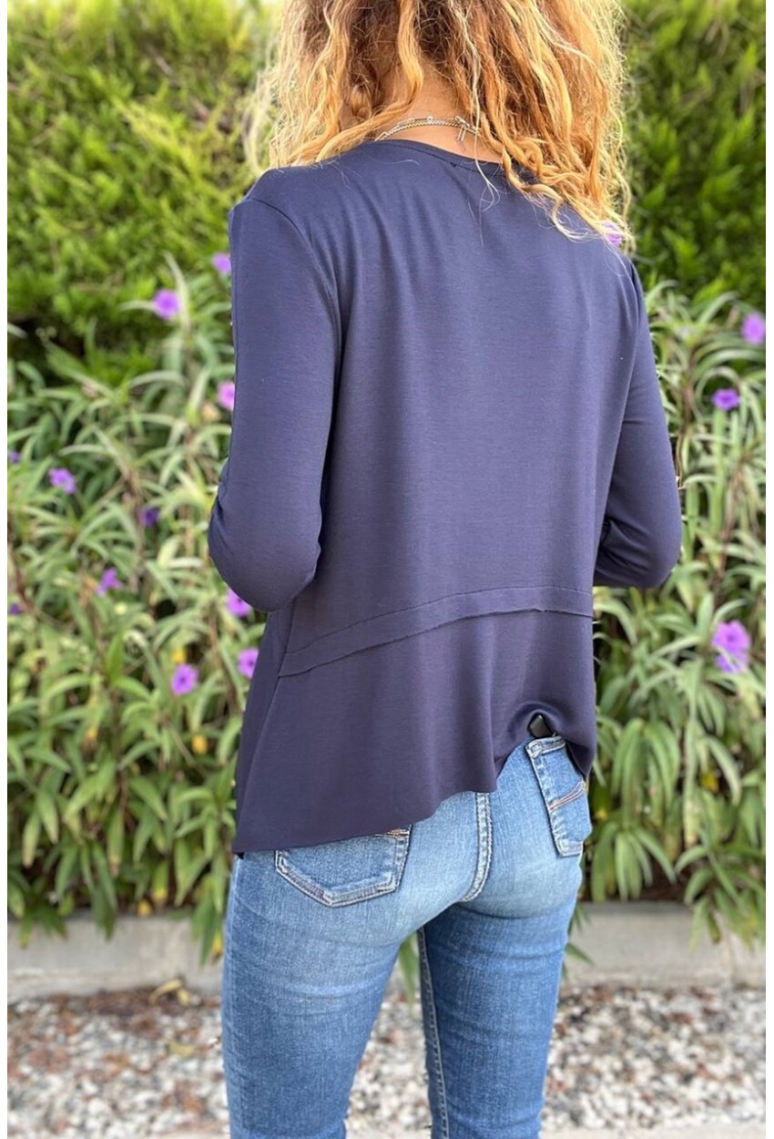 Kadın Lacivert Asimetrik Kesim Yumuşak Dokulu Basic Salaş Bluz Bst3459