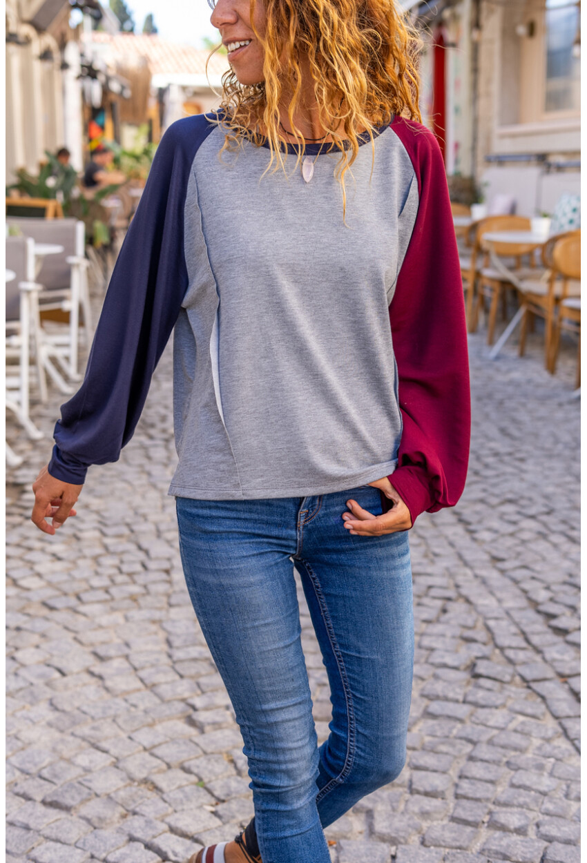 Kadın Lacivert-Bordo Raglan Kol Dikiş Detaylı Kayık Yaka Color Block Sweatshirt Bst3472