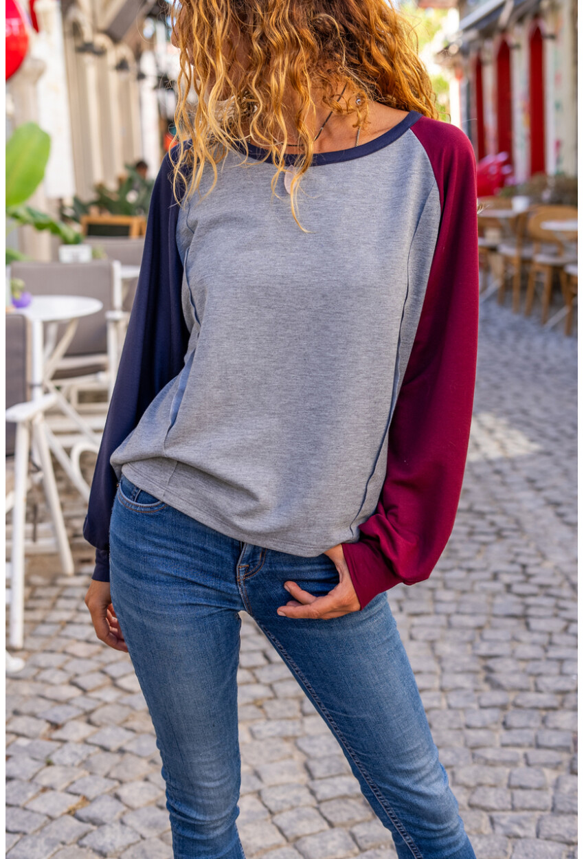 Kadın Lacivert-Bordo Raglan Kol Dikiş Detaylı Kayık Yaka Color Block Sweatshirt Bst3472
