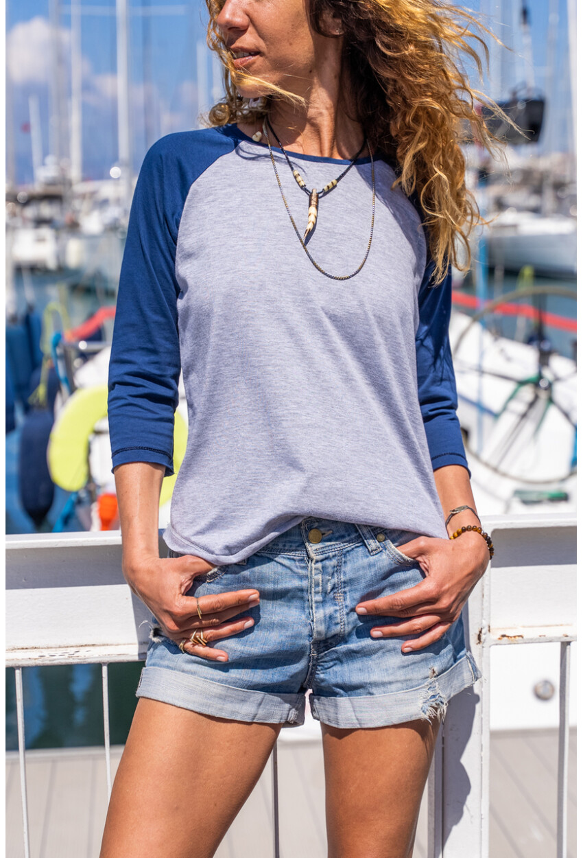 Kadın Lacivert-Gri Raglan Kol Color Block Bluz 1St7