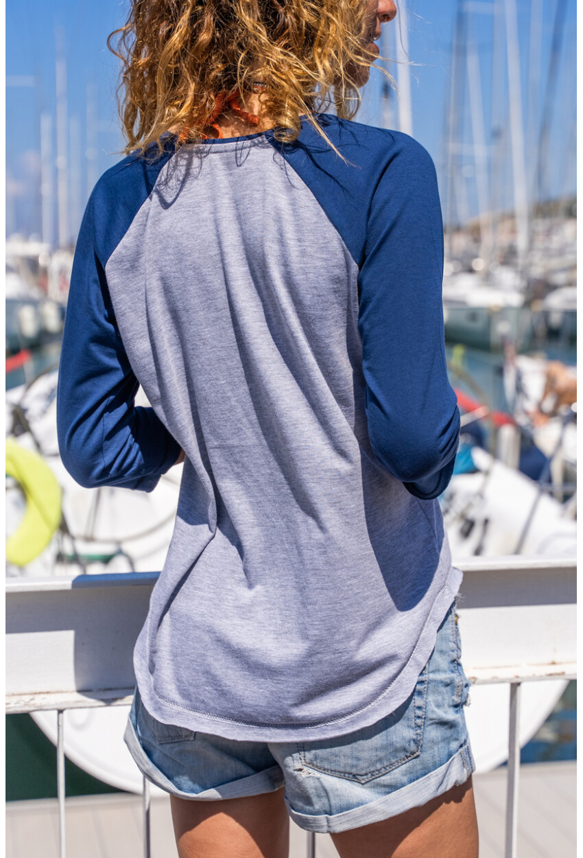 Kadın Lacivert-Gri Raglan Kol Color Block Bluz 1St7
