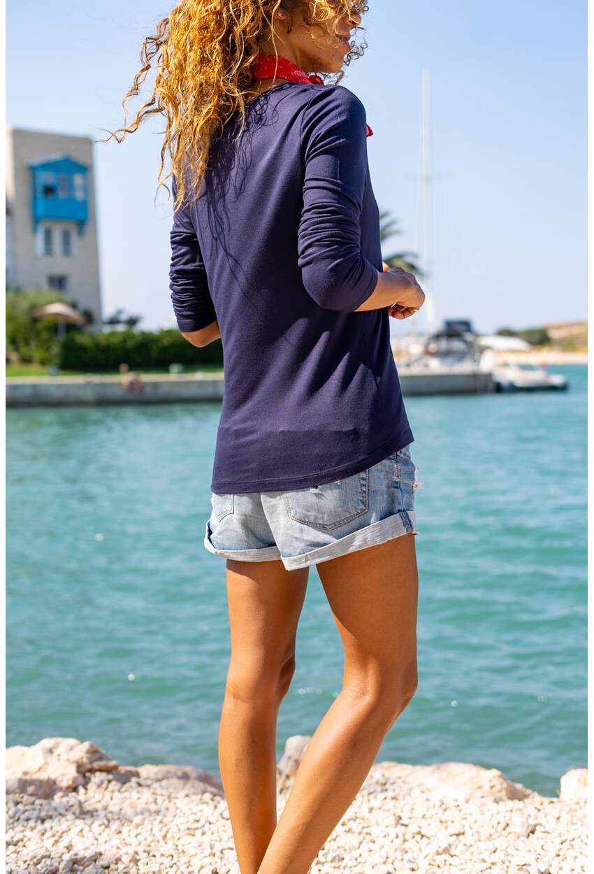 Womens Navy Square Collar Soft Textured Blouse BST3166