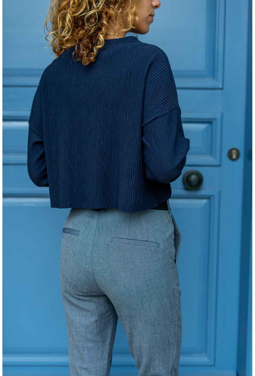 Kadın Lacivert Kendinden Dokulu Cepli Crop Salaş Sweatshirt Bst3321