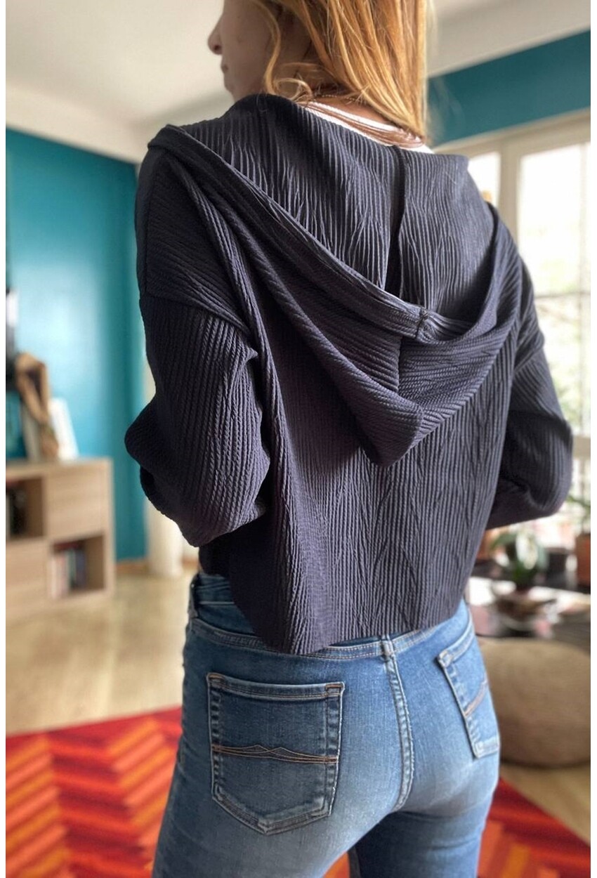 Kadın Lacivert Kendinden Dokulu Fermuarlı Kapüşonlu Crop Sweatshirt Bst3322