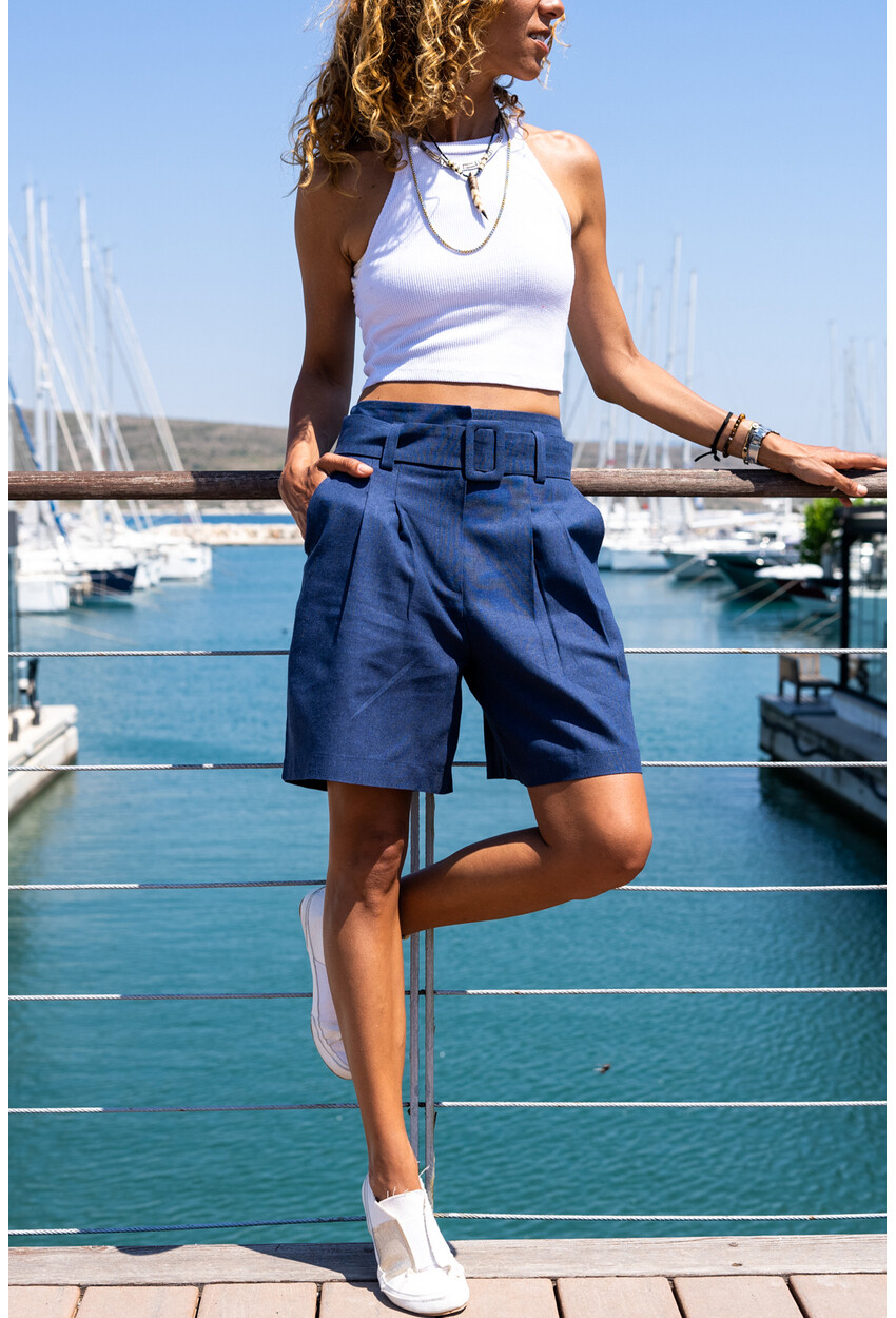 Womens Navy Blue Linen Self Belt Pleated Loose Shorts BST7094