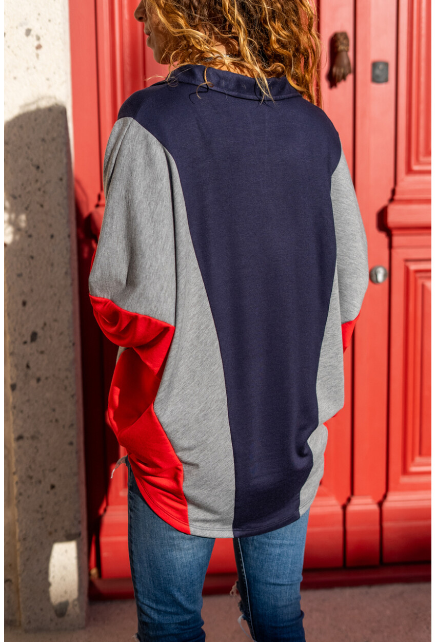 Kadın Lacivert-Kırmızı Polo Yaka Yarasa Kol Color Block Salaş Sweatshirt Bst3473