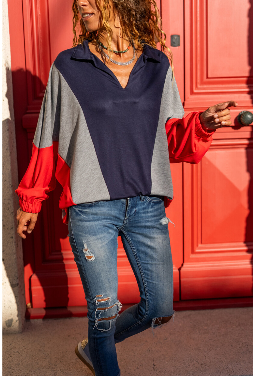 Kadın Lacivert-Kırmızı Polo Yaka Yarasa Kol Color Block Salaş Sweatshirt Bst3473