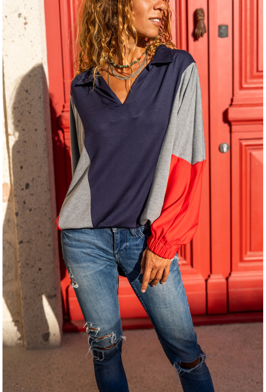 Kadın Lacivert-Kırmızı Polo Yaka Yarasa Kol Color Block Salaş Sweatshirt Bst3473
