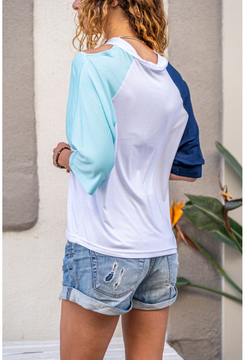 Kadın Lacivert-Mint Bloklu Dekolteli Salaş T-Shirt Bst3265