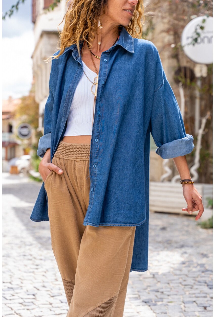 Kadın Lacivert Oversize Yıkamalı Arkası Uzun Kot Tunik Gömlek BST3357