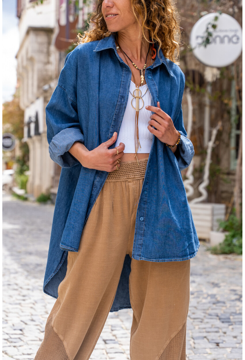 Kadın Lacivert Oversize Yıkamalı Arkası Uzun Kot Tunik Gömlek BST3357