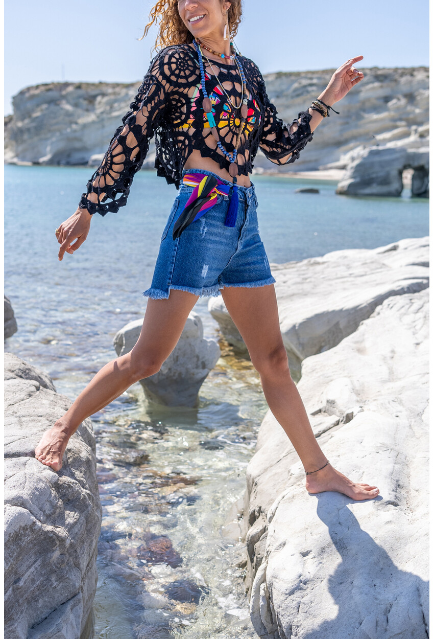 Womens Navy Blue Ripped Denim Shorts with Tassels Bstkt0050