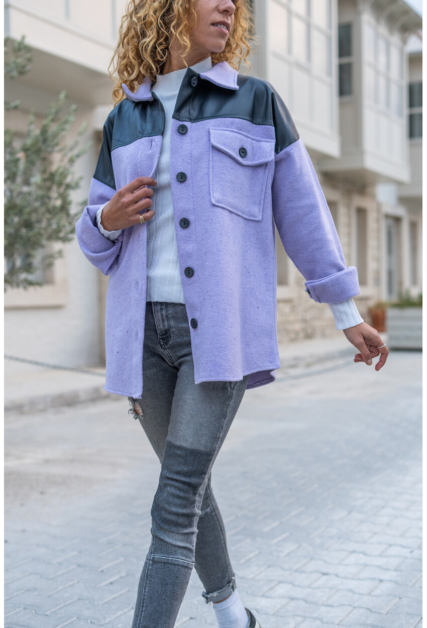 Kadın Lila Deri Garnili Sırtı Baskılı Kaşe Oversize Ceket Gömlek Bst3289