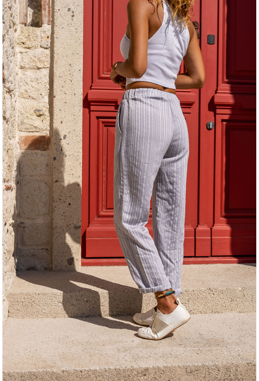 Lila Duble Paça Çizgili Dokulu Pantolon Bst3277