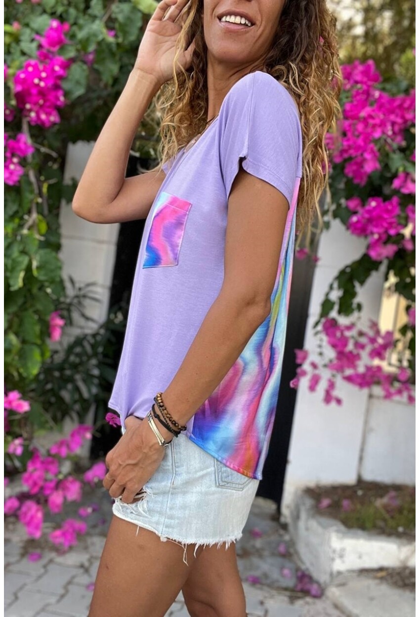 Kadın Lila Renkli Garnili Tek Cep V Yaka Salaş T-Shirt Bst3426