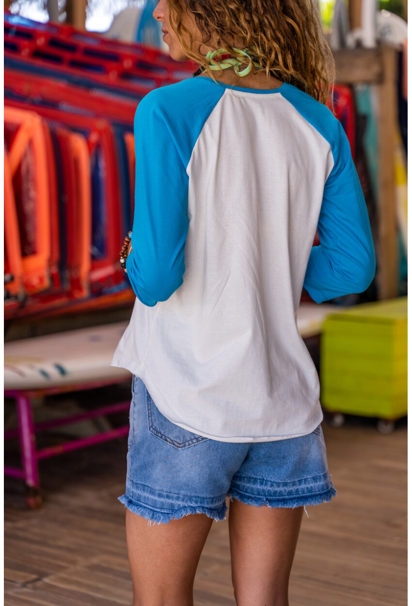 Kadın Mavi-Beyaz Raglan Kol Color Block Bluz 1St7