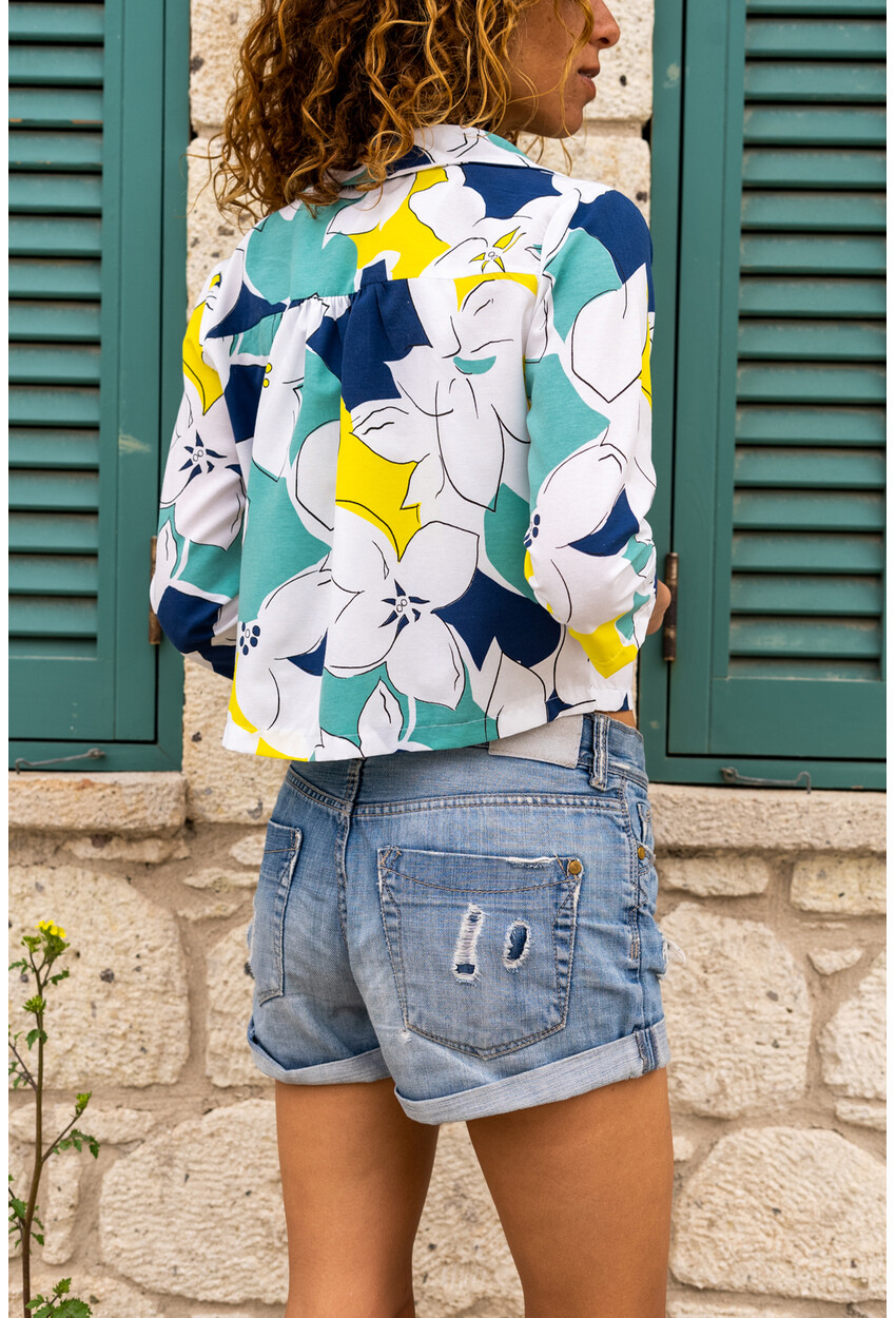 Kadın Mavi Desenli Poplin Crop Ceket Bst3227