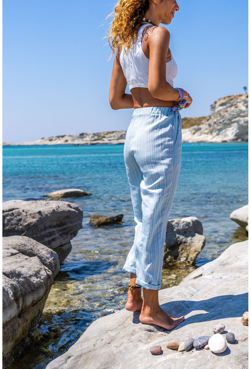 Womens Blue Double Leg Striped Textured Trousers Bst3277