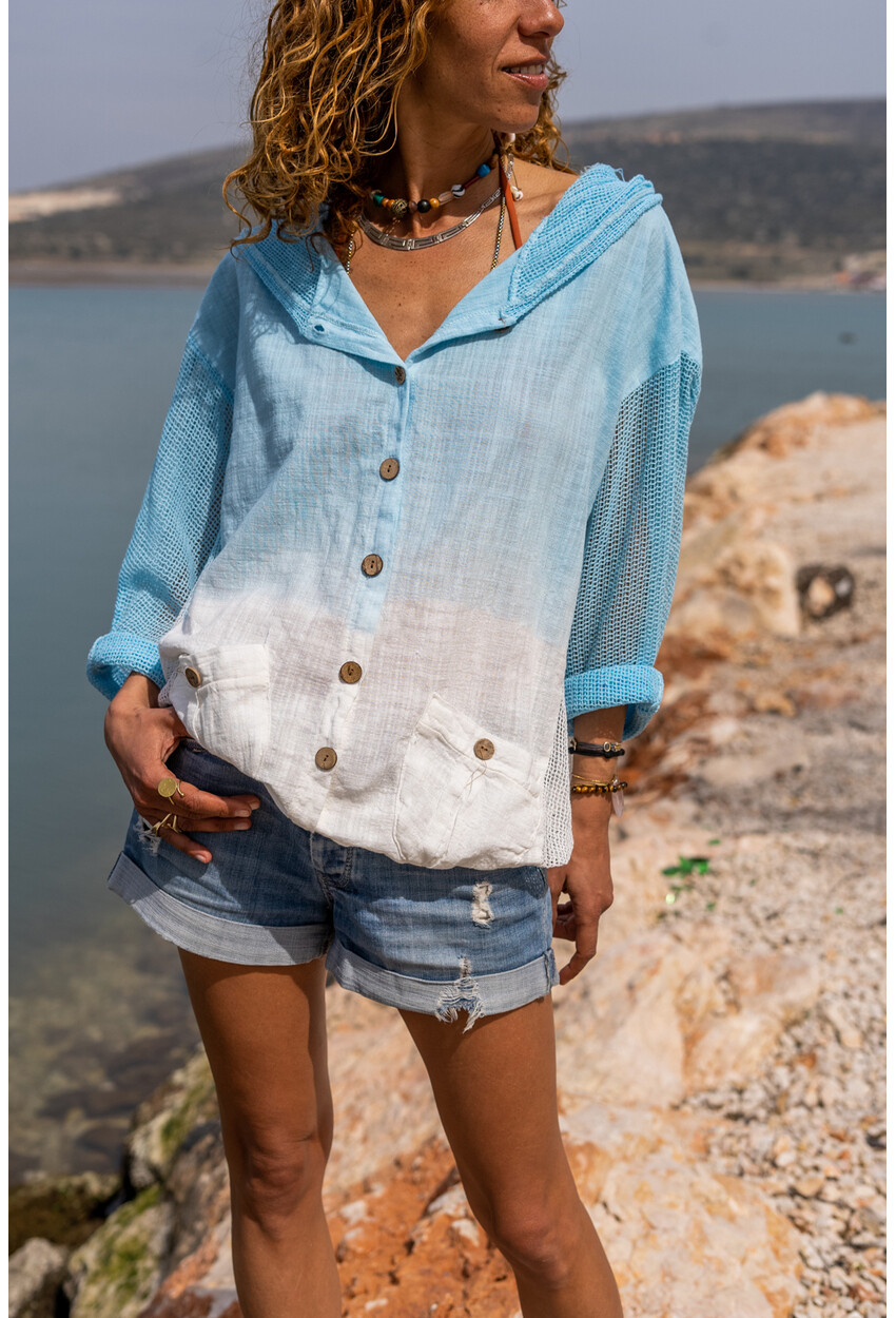 Womens Blue Hooded Mesh Detailed Gradient Buttoned Blouse Gk-Rsd3011