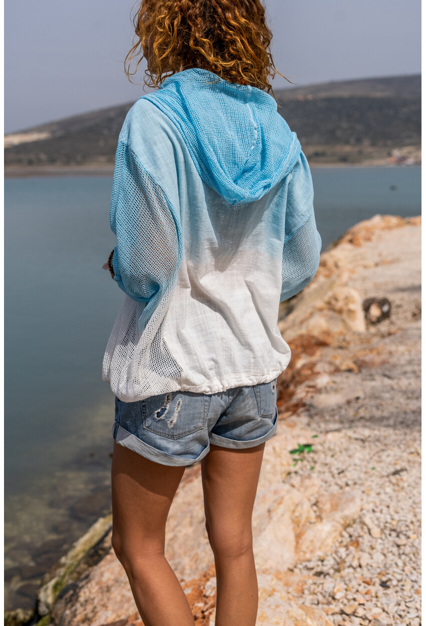 Womens Blue Hooded Mesh Detailed Gradient Buttoned Blouse Gk-Rsd3011