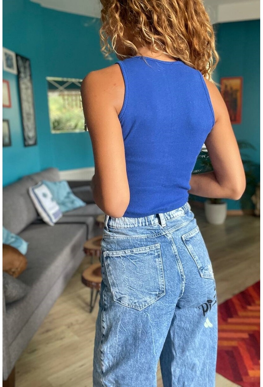 Kadın Mavi Kaşkorse Kolsuz Basic Bluz Vl3
