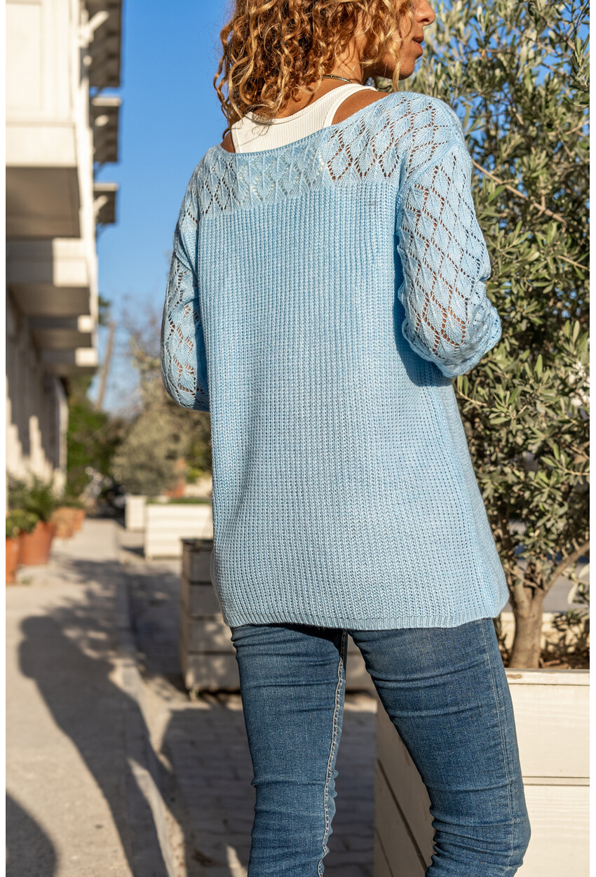 Kadın Mavi Kayık Yaka Baklava Desen Örgü Kazak Cck7805
