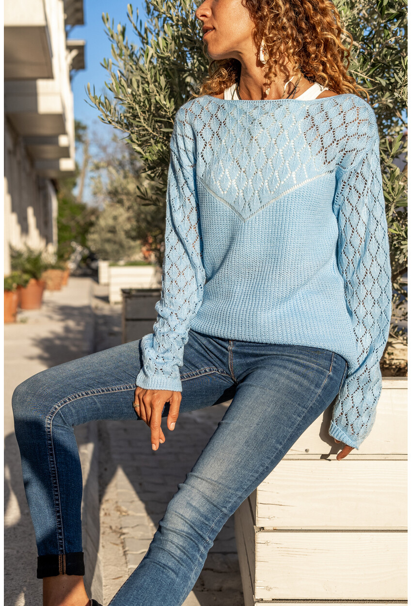 Kadın Mavi Kayık Yaka Baklava Desen Örgü Kazak Cck7805