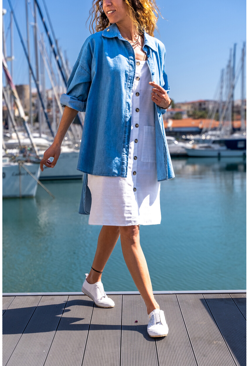 Kadın Mavi Oversize Yıkamalı Arkası Uzun Kot Tunik Gömlek BST3357