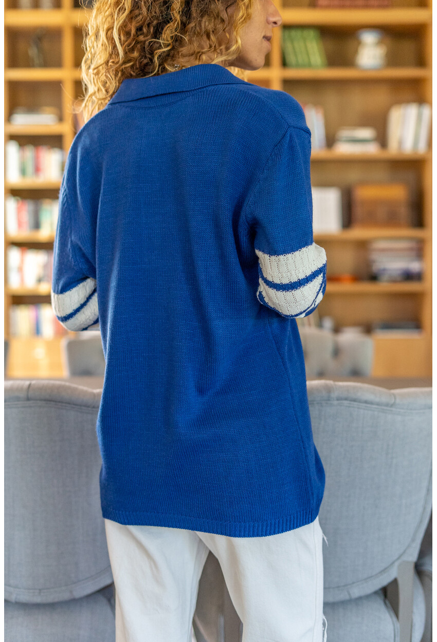 Kadın Mavi Polo Yaka Kolları Şerit Detaylı Salaş Kazak Cck1491