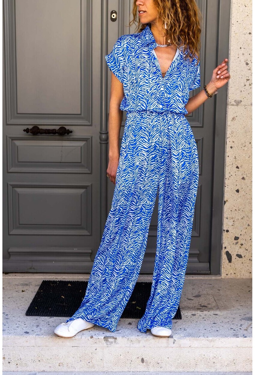 Womens Blue Satin Waist Elastic Waist Pocket Wide Leg Jumpsuit BST3235
