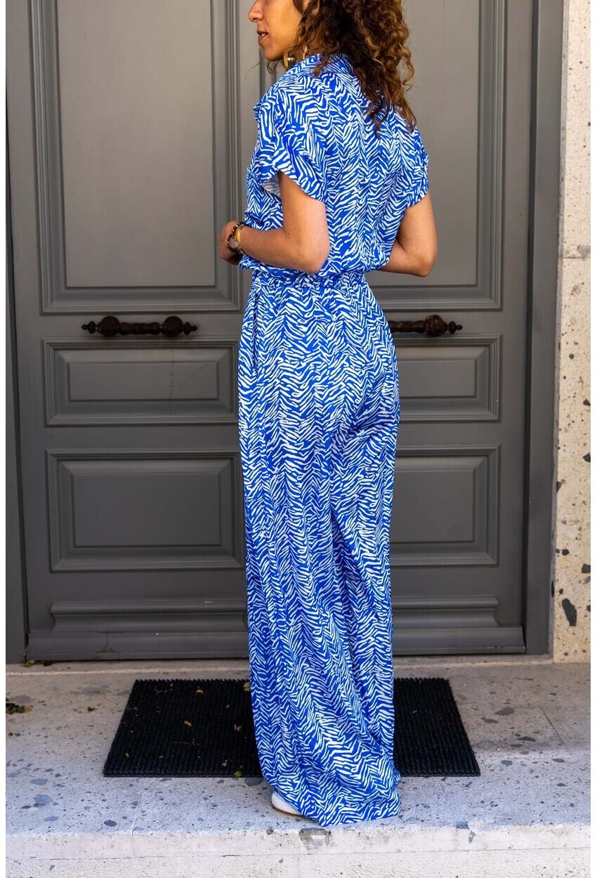 Womens Blue Satin Waist Elastic Waist Pocket Wide Leg Jumpsuit BST3235