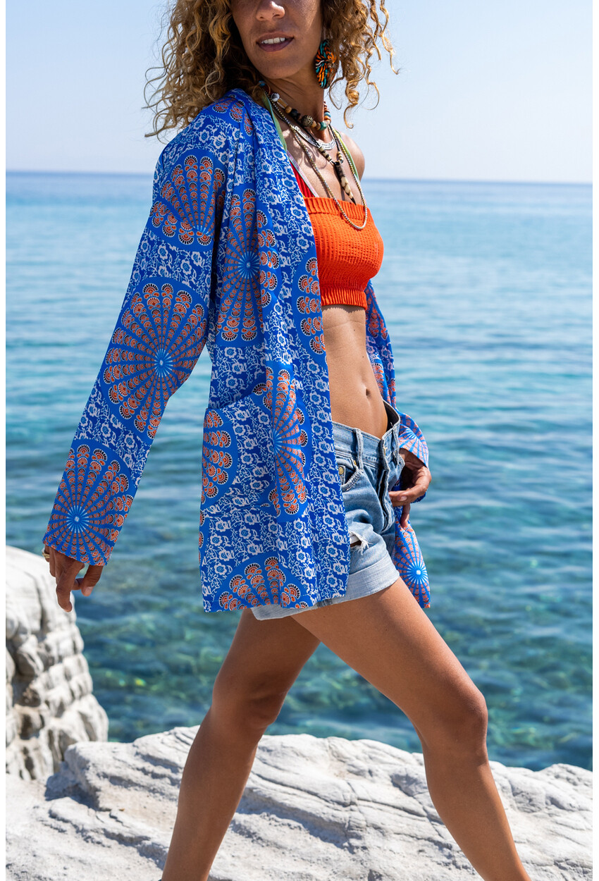 Womens Blue Satin Double Pocket Loose Kimono BST3250