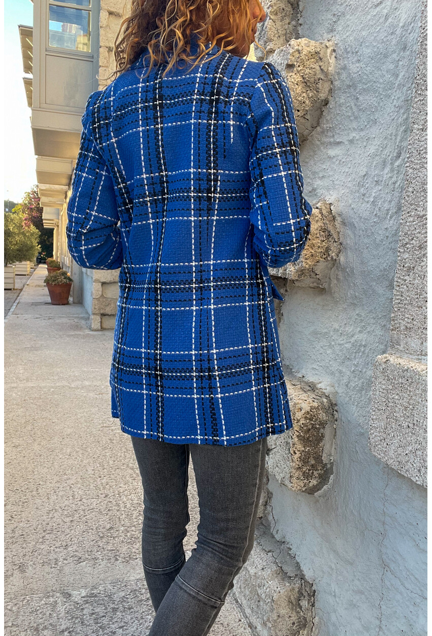 Kadın Mavi-Siyah Astarlı Cepli Düğmeli Kaşe Ceket 1St5