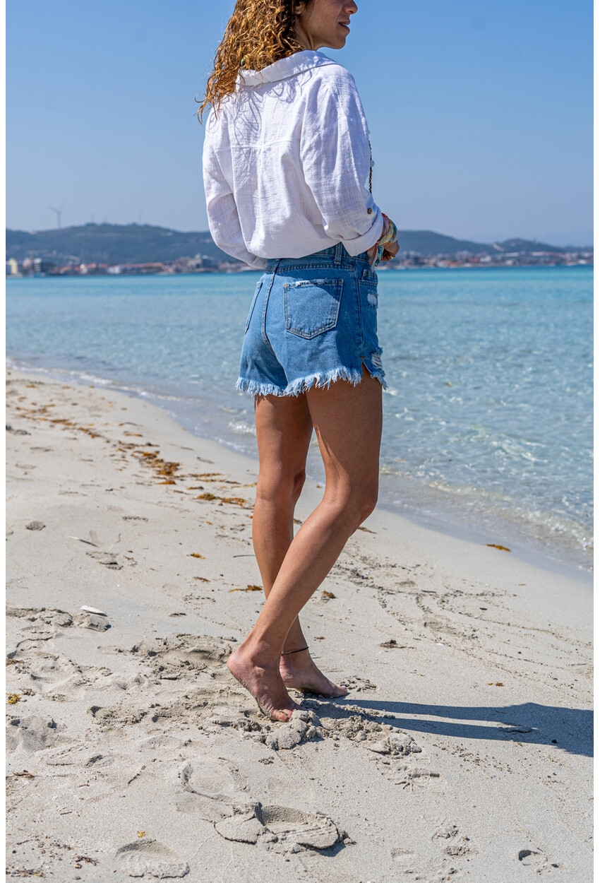 Womens Blue Washed Ripped Denim Shorts Gk-Cm232