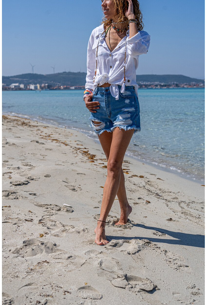 Womens Blue Washed Ripped Denim Shorts Gk-Cm232