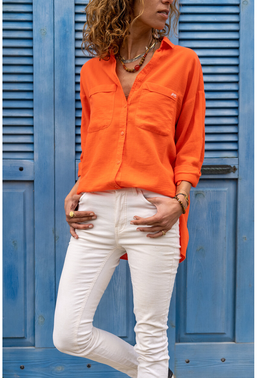 Kadın Mercan Çift Cep Özel Dokulu Gömlek AYN1823