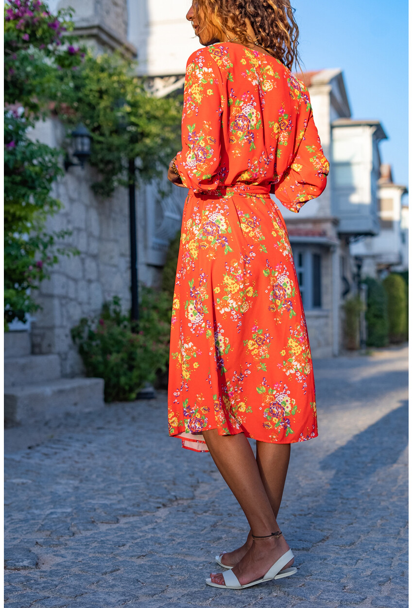 Womens Coral Patterned Belted Flared Double Breasted Dress BSTT4011-1140