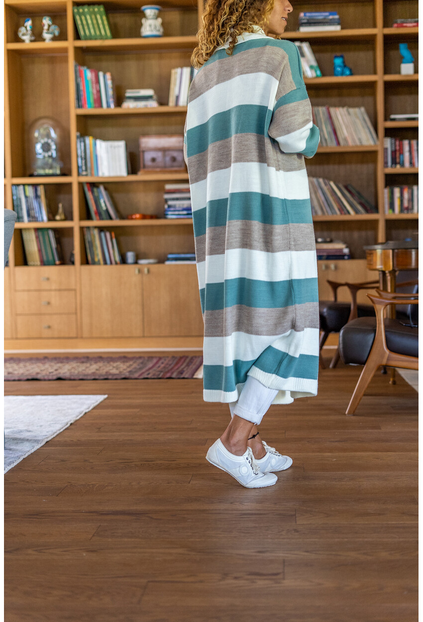 Kadın Mint-Bej Duble Yaka Color Block Salaş Hırka Cck12060