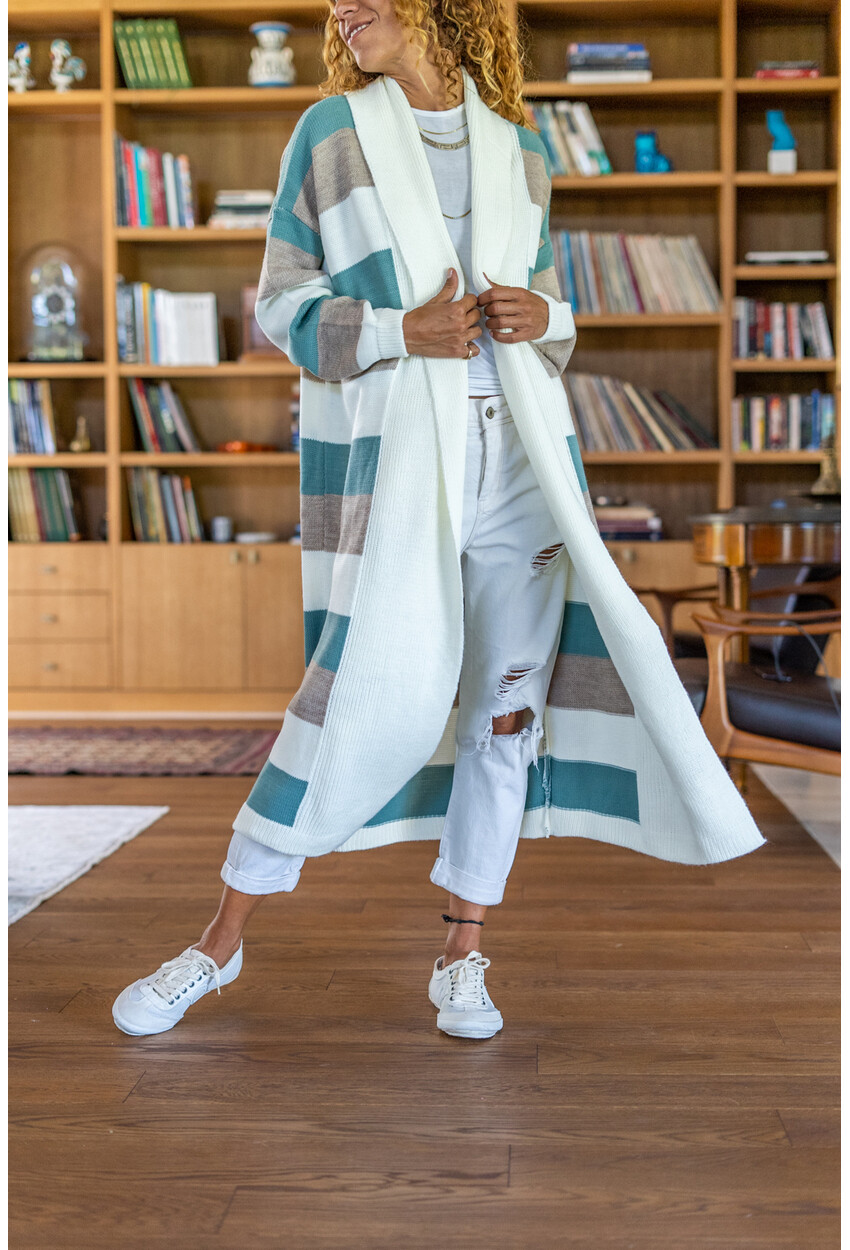 Kadın Mint-Bej Duble Yaka Color Block Salaş Hırka Cck12060