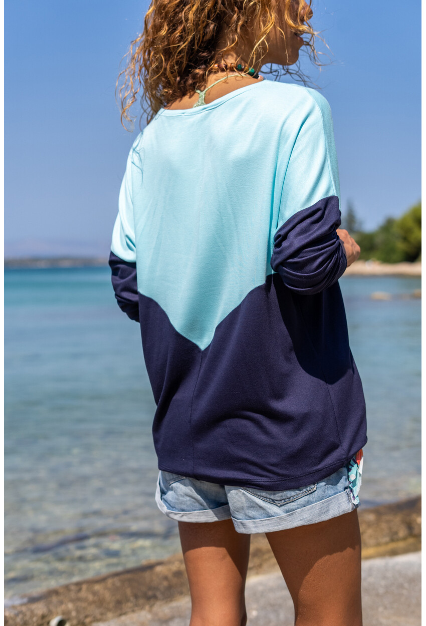 Kadın Mint-Lacivert V Yaka Color Block Yumuşak Dokulu Salaş Bluz BST3167