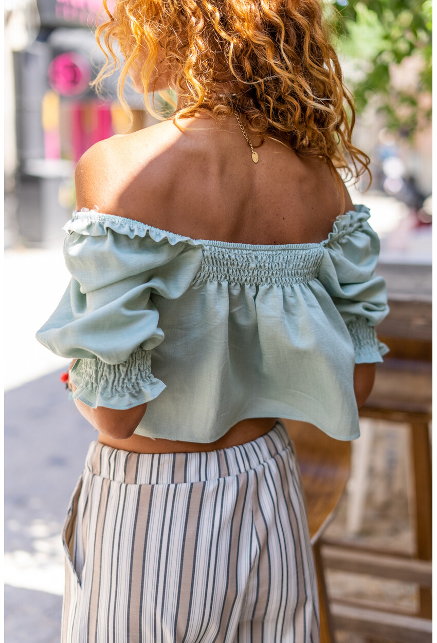 Kadın Mint Madonna Yaka Karpuz Kol Nervürlü Keten Crop Bluz Bst6592