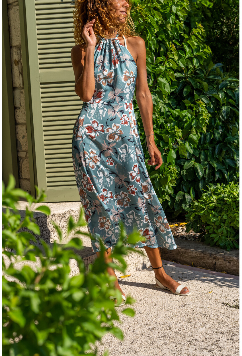 Kadın Mint Önden Yırtmaçlı Halter Yaka Saten Elbise Bst6875