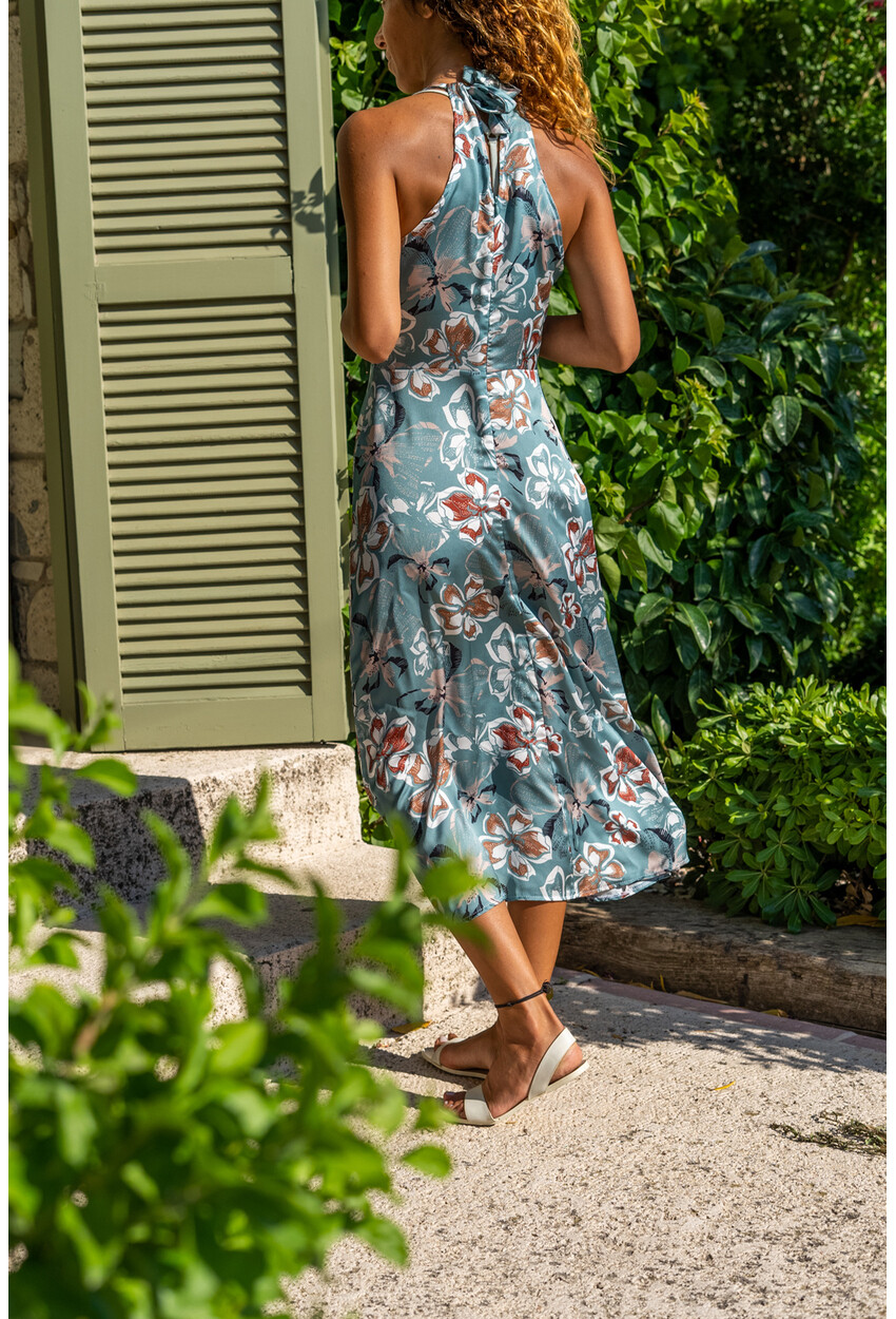 Kadın Mint Önden Yırtmaçlı Halter Yaka Saten Elbise Bst6875