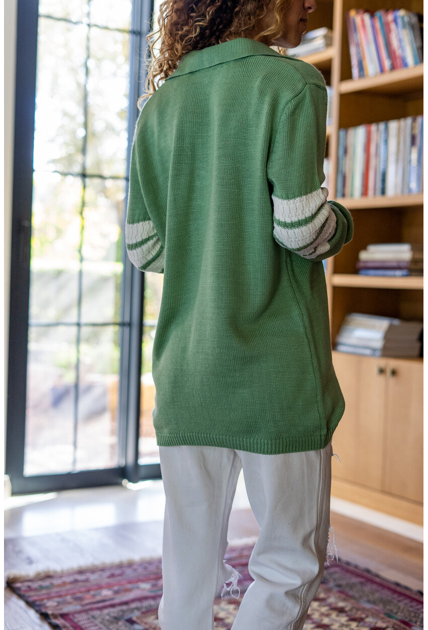 Kadın Mint Polo Yaka Kolları Şerit Detaylı Salaş Kazak Cck1491