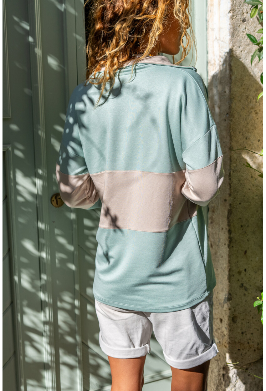 Kadın Mint Yakası Fermuarlı Color Block Polo Yaka Salaş Sweatshirt Bst3471