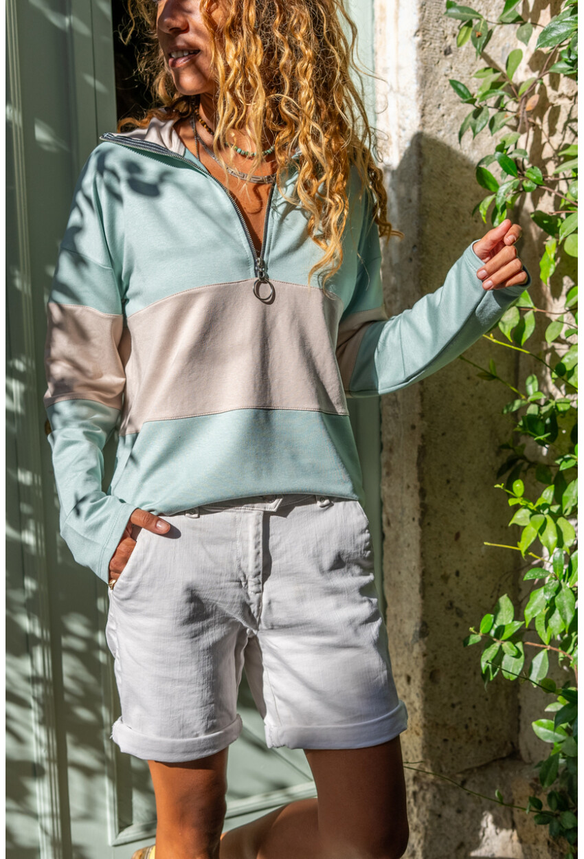 Kadın Mint Yakası Fermuarlı Color Block Polo Yaka Salaş Sweatshirt Bst3471