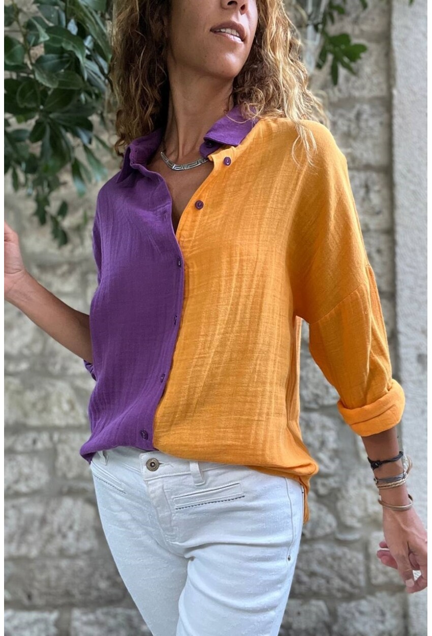 Mor-Turuncu Müslin Color Block Salaş Gömlek Bst3458