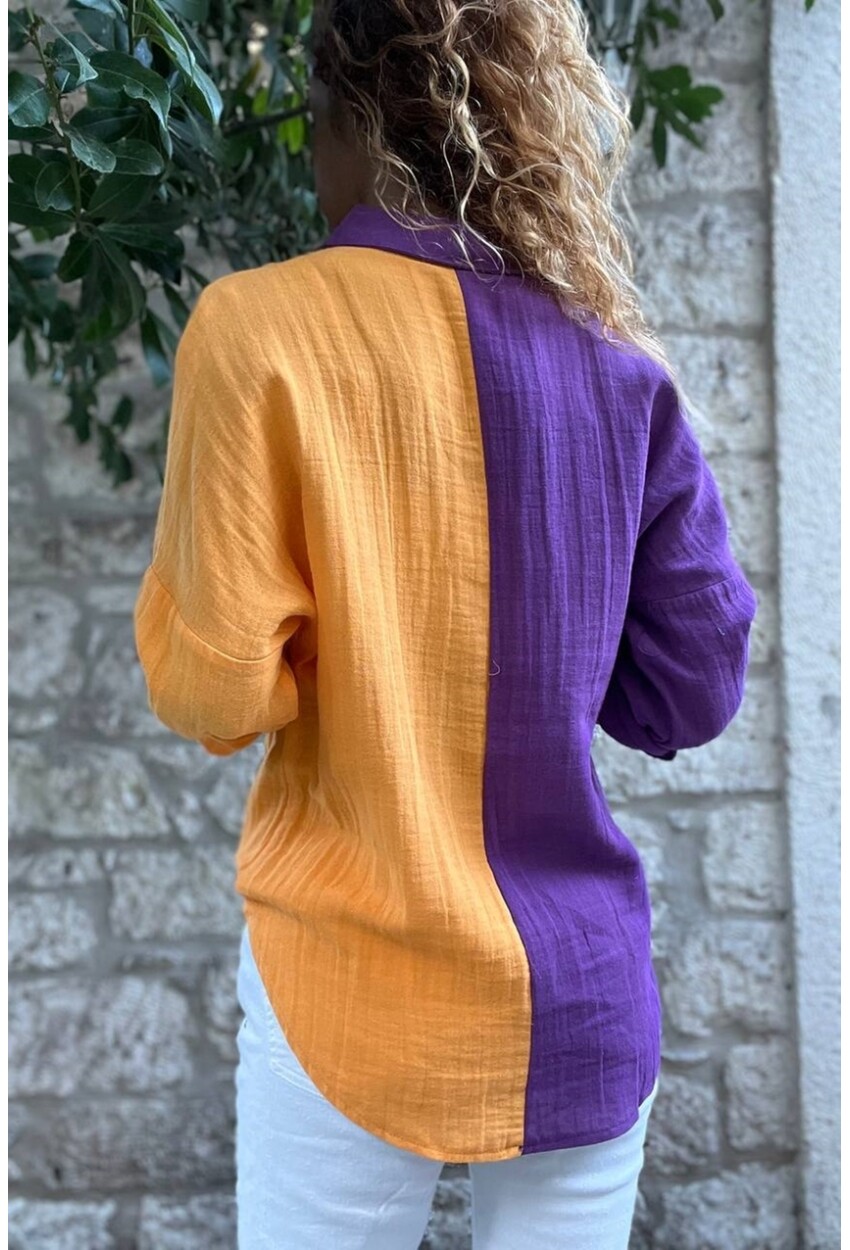 Mor-Turuncu Müslin Color Block Salaş Gömlek Bst3458