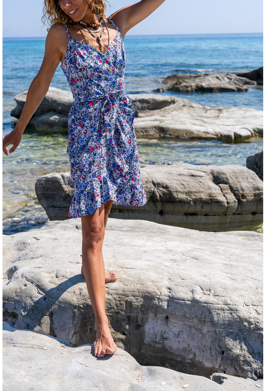 Kadın Multi Askılı Kruvaze Eteği Fırfrılı Kemerli Poplin Elbise Bst7095