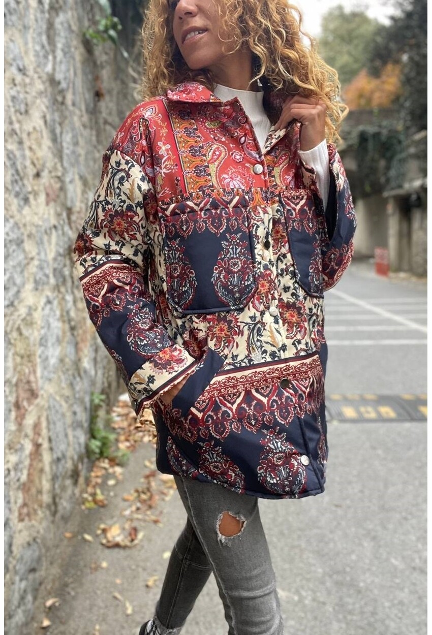 Kadın Multi Kaşmir Desenli Çıtçıtlı Cepli Salaş Şişme Mont Fsh3